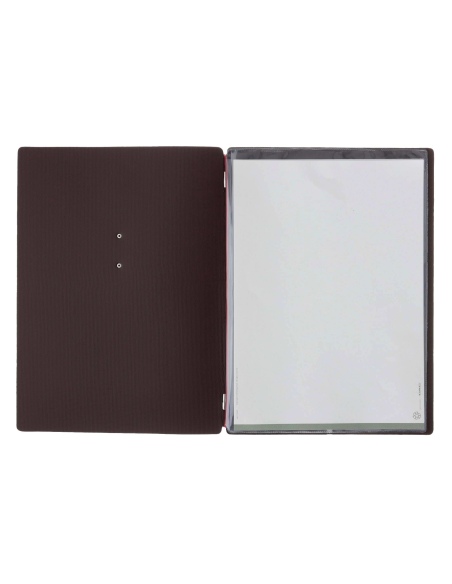Porta Menu A4 (23,2x31,8 cm) etichetta METAL "menu" 2 buste (4 facciate) elastico rosso JUTA MARRONE