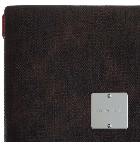 Porta Menu A4 (23,2x31,8 cm) etichetta METAL "menu" 2 buste (4 facciate) elastico rosso JUTA MARRONE