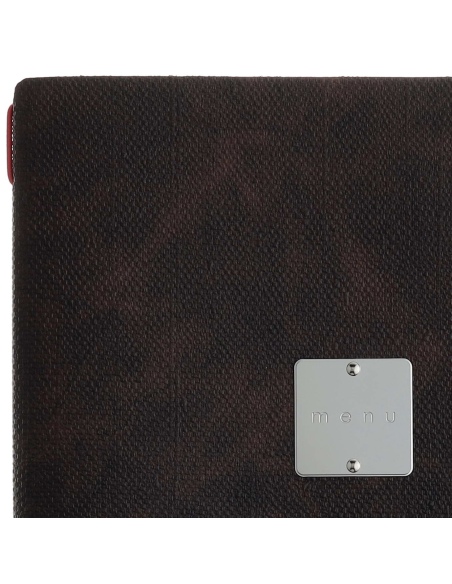Porta Menu A4 (23,2x31,8 cm) etichetta METAL "menu" 2 buste (4 facciate) elastico rosso JUTA MARRONE