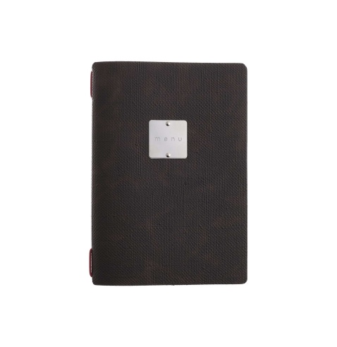 Porta Menu A5 (16,5x23,1 cm) etichetta METAL "menu" 2 buste (4 facciate) elastico rosso JUTA MARRONE