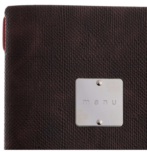 Porta Menu A5 (16,5x23,1 cm) etichetta METAL "menu" 2 buste (4 facciate) elastico rosso JUTA MARRONE