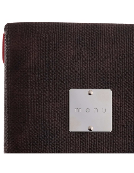 Porta Menu A5 (16,5x23,1 cm) etichetta METAL "menu" 2 buste (4 facciate) elastico rosso JUTA MARRONE