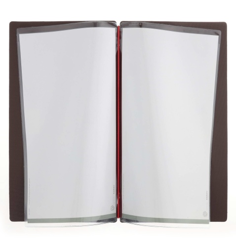 Porta Menu A4 SLIM (17,4x31,8 cm) etichetta METAL "personalizzata" (minimo 18 pezzi) 2 buste (4 facciate) elastico rosso JUTA MA