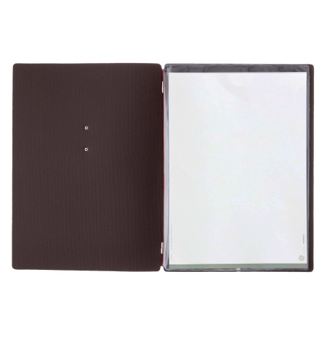 Porta Menu A4 (23,2x31,8 cm) etichetta METAL "personalizzata" (minimo 18 pezzi) 2 buste (4 facciate) elastico rosso JUTA MARRONE