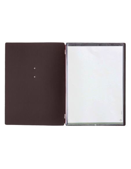 Porta Menu A4 (23,2x31,8 cm) etichetta METAL "personalizzata" (minimo 18 pezzi) 2 buste (4 facciate) elastico rosso JUTA MARRONE
