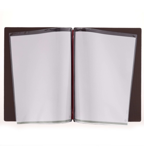 Porta Menu A4 (23,2x31,8 cm) etichetta METAL "personalizzata" (minimo 18 pezzi) 2 buste (4 facciate) elastico rosso JUTA MARRONE