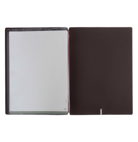 Porta Menu A4 (23,2x31,8 cm) etichetta METAL "personalizzata" (minimo 18 pezzi) 2 buste (4 facciate) elastico rosso JUTA MARRONE