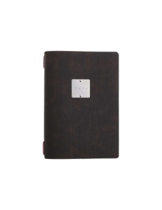 Porta Menu A5 (16,5x23,1 cm) etichetta METAL "personalizzata" (minimo 18 pezzi) 2 buste (4 facciate) elastico rosso JUTA MARRONE