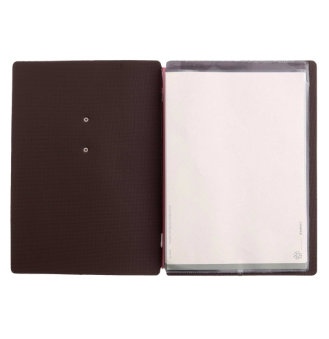 Porta Menu A5 (16,5x23,1 cm) etichetta METAL "personalizzata" (minimo 18 pezzi) 2 buste (4 facciate) elastico rosso JUTA MARRONE