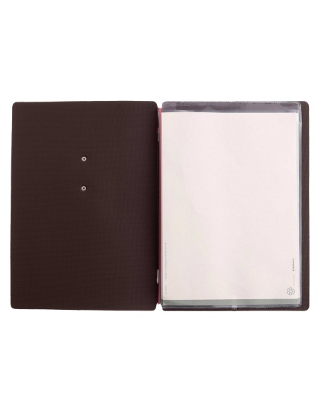 Porta Menu A5 (16,5x23,1 cm) etichetta METAL "personalizzata" (minimo 18 pezzi) 2 buste (4 facciate) elastico rosso JUTA MARRONE