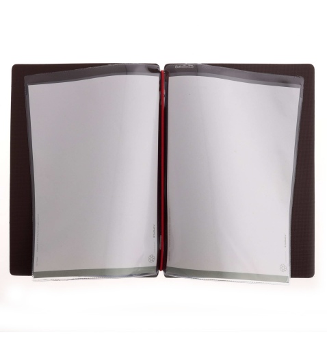 Porta Menu A5 (16,5x23,1 cm) etichetta METAL "personalizzata" (minimo 18 pezzi) 2 buste (4 facciate) elastico rosso JUTA MARRONE