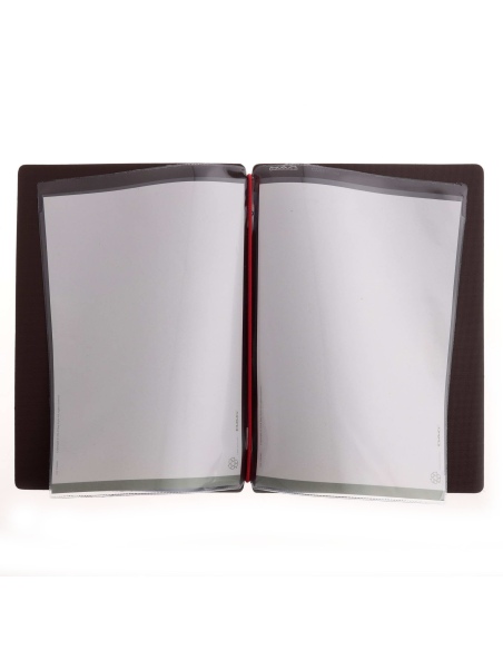Porta Menu A5 (16,5x23,1 cm) etichetta METAL "personalizzata" (minimo 18 pezzi) 2 buste (4 facciate) elastico rosso JUTA MARRONE