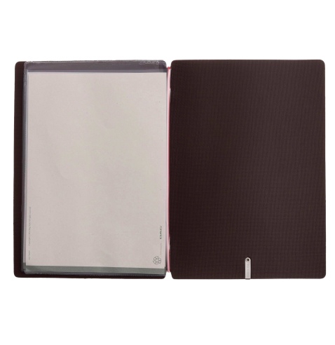 Porta Menu A5 (16,5x23,1 cm) etichetta METAL "personalizzata" (minimo 18 pezzi) 2 buste (4 facciate) elastico rosso JUTA MARRONE