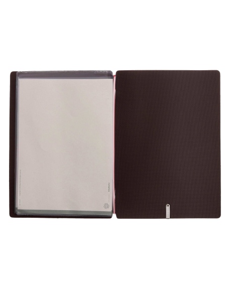 Porta Menu A5 (16,5x23,1 cm) etichetta METAL "personalizzata" (minimo 18 pezzi) 2 buste (4 facciate) elastico rosso JUTA MARRONE