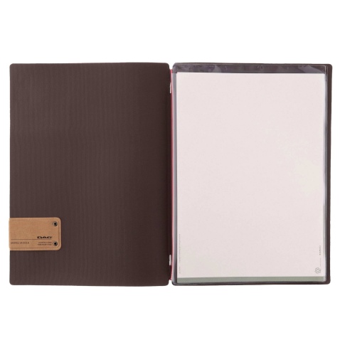 Porta Menu A4 (23,2x31,8 cm) etichetta PATCH "personalizzata" (minimo 18 pezzi) 2 buste (4 facciate) elastico rosso JUTA MARRONE