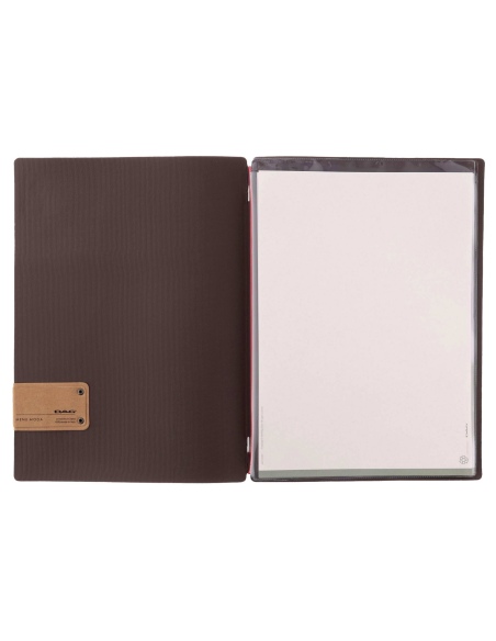 Porta Menu A4 (23,2x31,8 cm) etichetta PATCH "personalizzata" (minimo 18 pezzi) 2 buste (4 facciate) elastico rosso JUTA MARRONE