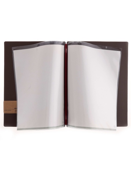 Porta Menu A4 (23,2x31,8 cm) etichetta PATCH "personalizzata" (minimo 18 pezzi) 2 buste (4 facciate) elastico rosso JUTA MARRONE
