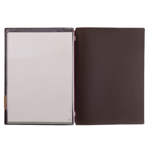 Porta Menu A4 (23,2x31,8 cm) etichetta PATCH "personalizzata" (minimo 18 pezzi) 2 buste (4 facciate) elastico rosso JUTA MARRONE