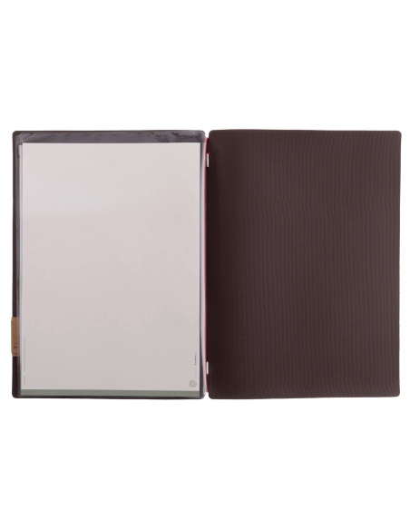 Porta Menu A4 (23,2x31,8 cm) etichetta PATCH "personalizzata" (minimo 18 pezzi) 2 buste (4 facciate) elastico rosso JUTA MARRONE