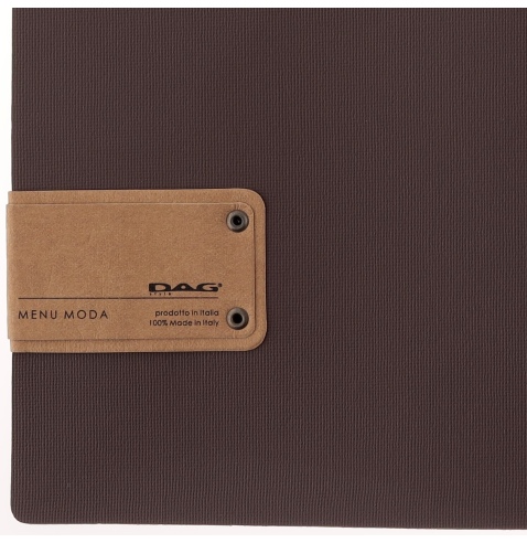 Porta Menu A4 (23,2x31,8 cm) etichetta PATCH "personalizzata" (minimo 18 pezzi) 2 buste (4 facciate) elastico rosso JUTA MARRONE