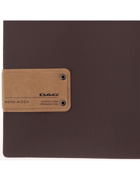 Porta Menu A4 (23,2x31,8 cm) etichetta PATCH "personalizzata" (minimo 18 pezzi) 2 buste (4 facciate) elastico rosso JUTA MARRONE