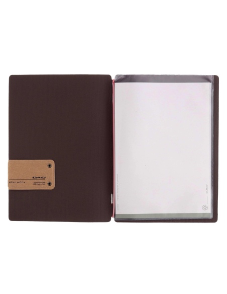 Porta Menu A5 (16,5x23,1 cm) etichetta PATCH "personalizzata" (minimo 18 pezzi) 2 buste (4 facciate) elastico rosso JUTA MARRONE