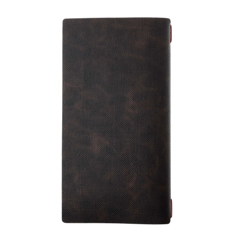 Porta Menu A4 SLIM (17,4x31,8 cm) etichetta PATCH "menu" 2 buste (4 facciate) elastico rosso JUTA MARRONE