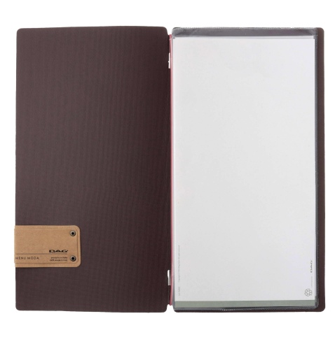 Porta Menu A4 SLIM (17,4x31,8 cm) etichetta PATCH "menu" 2 buste (4 facciate) elastico rosso JUTA MARRONE