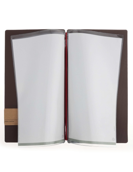 Porta Menu A4 SLIM (17,4x31,8 cm) etichetta PATCH "menu" 2 buste (4 facciate) elastico rosso JUTA MARRONE