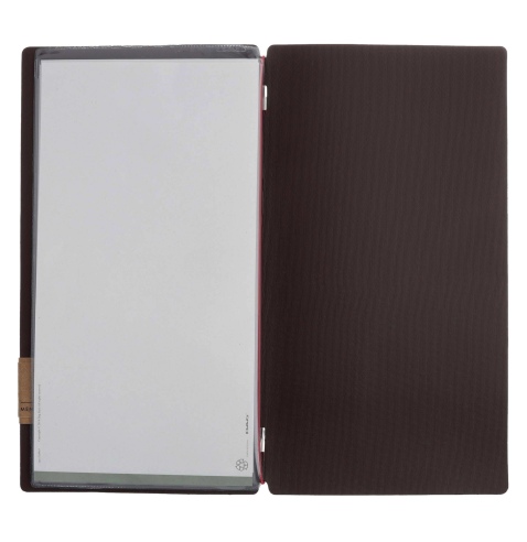 Porta Menu A4 SLIM (17,4x31,8 cm) etichetta PATCH "menu" 2 buste (4 facciate) elastico rosso JUTA MARRONE