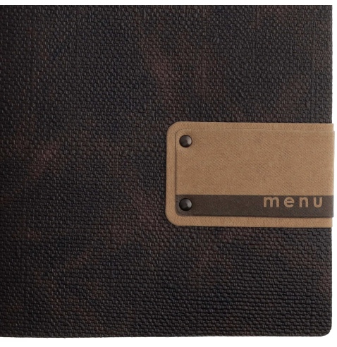 Porta Menu A4 SLIM (17,4x31,8 cm) etichetta PATCH "menu" 2 buste (4 facciate) elastico rosso JUTA MARRONE