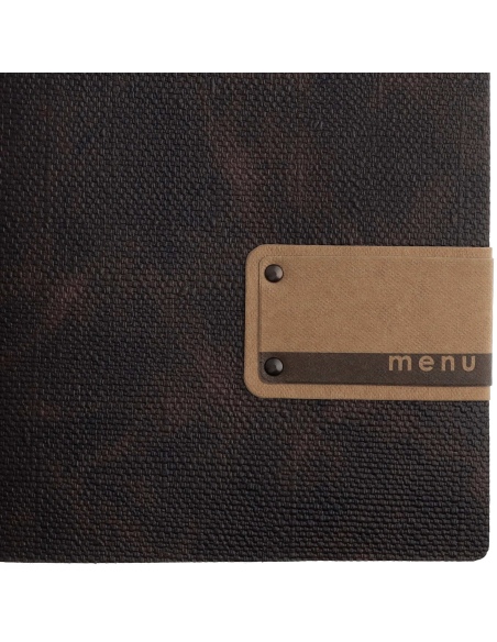 Porta Menu A4 SLIM (17,4x31,8 cm) etichetta PATCH "menu" 2 buste (4 facciate) elastico rosso JUTA MARRONE