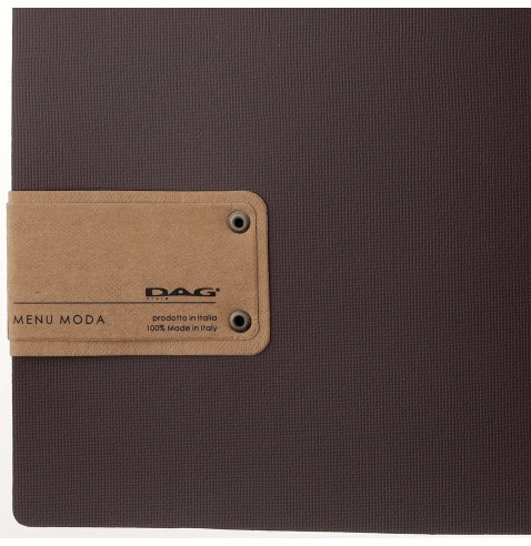 Porta Menu A4 SLIM (17,4x31,8 cm) etichetta PATCH "menu" 2 buste (4 facciate) elastico rosso JUTA MARRONE