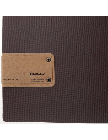 Porta Menu A4 SLIM (17,4x31,8 cm) etichetta PATCH "menu" 2 buste (4 facciate) elastico rosso JUTA MARRONE