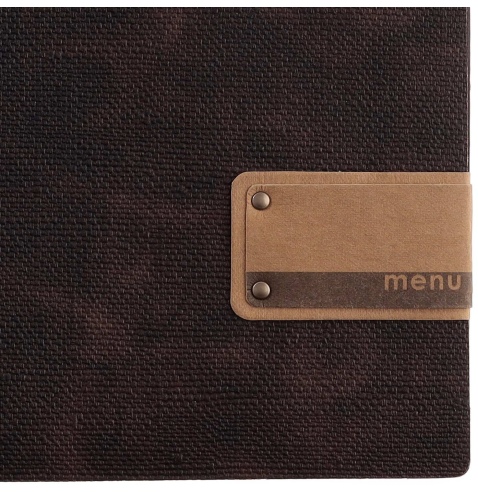 Porta Menu A4 (23,2x31,8 cm) etichetta PATCH "menu" 2 buste (4 facciate) elastico rosso JUTA MARRONE