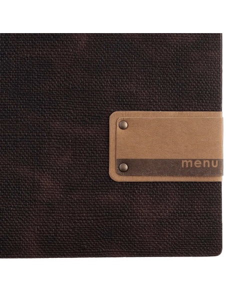 Porta Menu A4 (23,2x31,8 cm) etichetta PATCH "menu" 2 buste (4 facciate) elastico rosso JUTA MARRONE