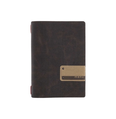 Porta Menu A5 (16,5x23,1 cm) etichetta PATCH "menu" 2 buste (4 facciate) elastico rosso JUTA MARRONE