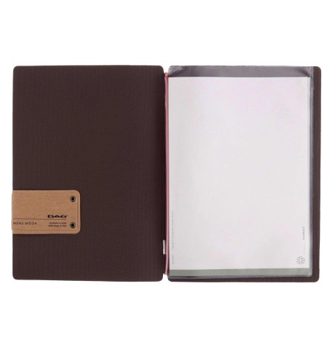 Porta Menu A5 (16,5x23,1 cm) etichetta PATCH "menu" 2 buste (4 facciate) elastico rosso JUTA MARRONE