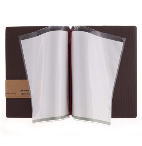 Porta Menu A5 (16,5x23,1 cm) etichetta PATCH "menu" 2 buste (4 facciate) elastico rosso JUTA MARRONE