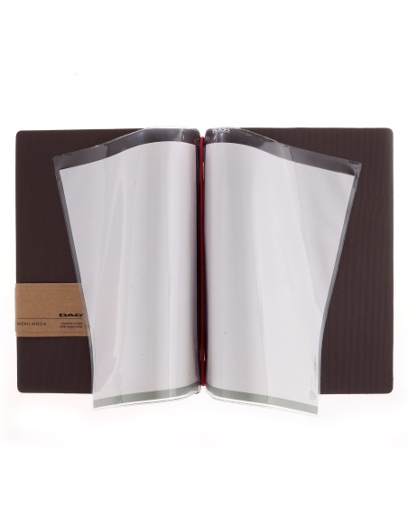 Porta Menu A5 (16,5x23,1 cm) etichetta PATCH "menu" 2 buste (4 facciate) elastico rosso JUTA MARRONE