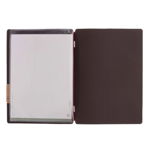 Porta Menu A5 (16,5x23,1 cm) etichetta PATCH "menu" 2 buste (4 facciate) elastico rosso JUTA MARRONE