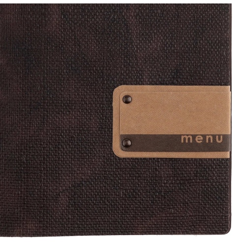Porta Menu A5 (16,5x23,1 cm) etichetta PATCH "menu" 2 buste (4 facciate) elastico rosso JUTA MARRONE