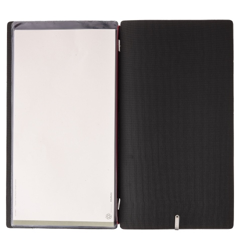 Porta Menu A4 SLIM (17,4x31,8 cm) etichetta METAL "menu" 2 buste (4 facciate) elastico rosso JUTA NERO