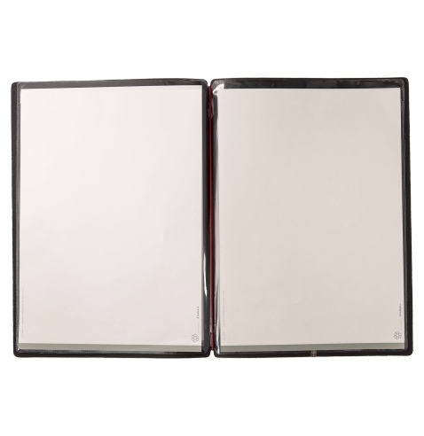 Porta Menu A4 (23,2x31,8 cm) etichetta METAL "menu" 2 buste (4 facciate) elastico rosso JUTA NERO