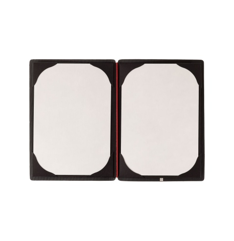 Porta Menu A5 (16,5x23,1 cm) etichetta METAL "menu" 2 buste (4 facciate) elastico rosso JUTA NERO