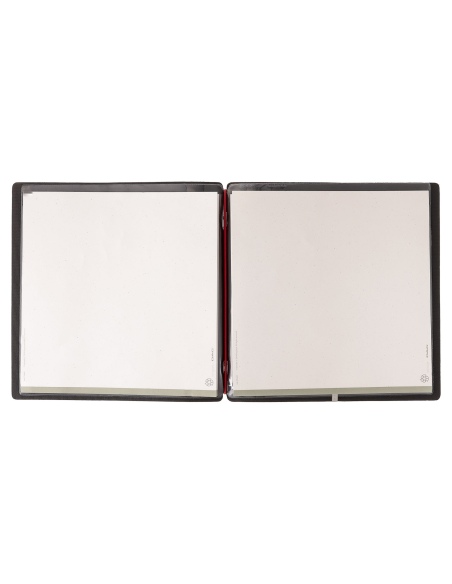 Porta Menu QUADRATO (23x23,1 cm) etichetta METAL "menu" 2 buste (4 facciate) elastico rosso JUTA NERO