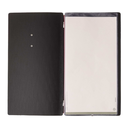 Porta Menu A4 SLIM (17,4x31,8 cm) etichetta METAL "personalizzata" (minimo 18 pezzi) 2 buste (4 facciate) elastico rosso JUTA NE