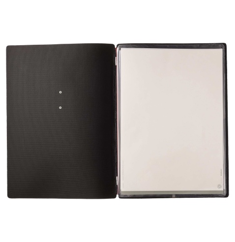 Porta Menu A4 (23,2x31,8 cm) etichetta METAL "personalizzata" (minimo 18 pezzi) 2 buste (4 facciate) elastico rosso JUTA NERO