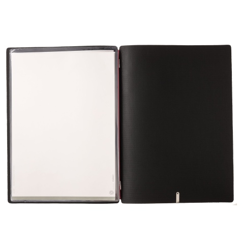 Porta Menu A4 (23,2x31,8 cm) etichetta METAL "personalizzata" (minimo 18 pezzi) 2 buste (4 facciate) elastico rosso JUTA NERO