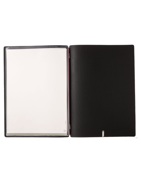 Porta Menu A4 (23,2x31,8 cm) etichetta METAL "personalizzata" (minimo 18 pezzi) 2 buste (4 facciate) elastico rosso JUTA NERO